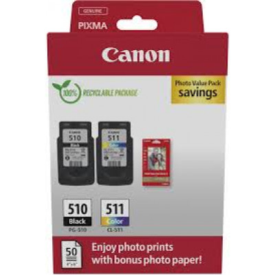 Canon PG-510/CL-511 Photo Paper Value Pack - 2-pack - black, colour (cyan, magenta, yellow) - original - hanging box - ink cartridge / paper kit - for PIXMA iP2700, MP230, MP252, MP272, MP280, MP282, MP492, MP495, MP499, MX360, MX410, MX420